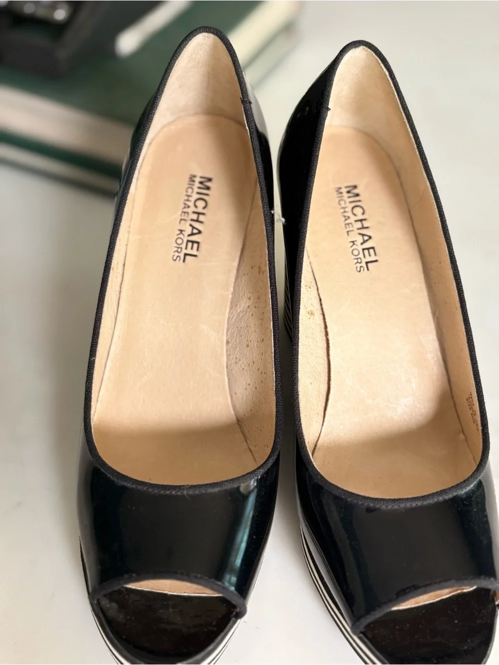 Michael Kors Black Patent Peep-Toe Wedge Sandals with Striped Platform